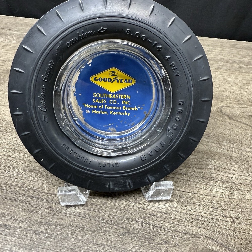 Vintage Good Year Tire Rubber Glass Ash Tray Southeastern Harlan Kentucky 1950s